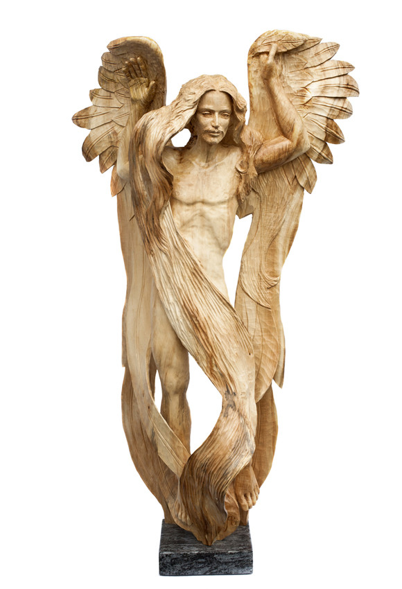 wood sculpture handsome naked man angel wings art