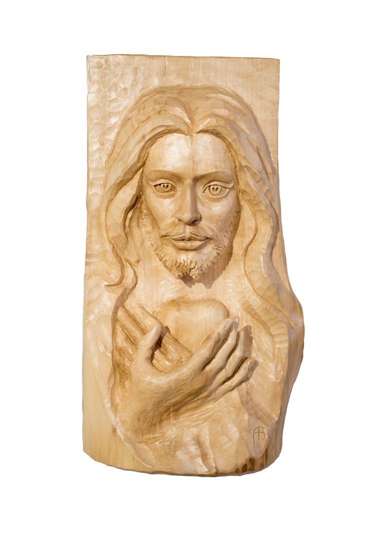 Jesus Christ holding heart beautiful face lime tree wood sculpture