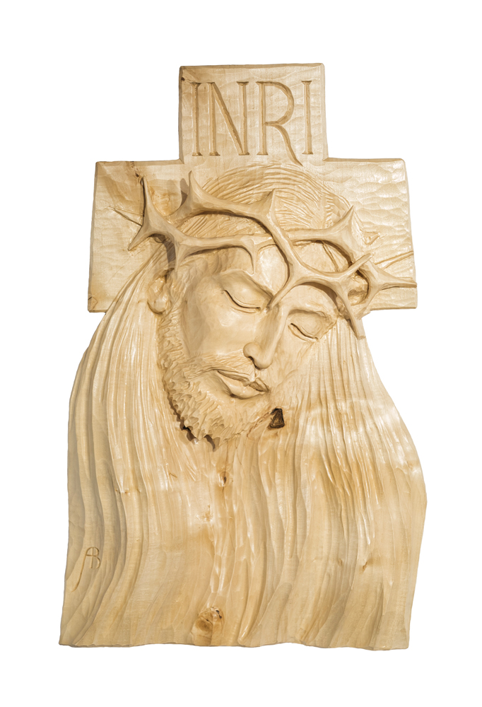 Jesus face thorn crown cross long hair wooden sculpture art religion