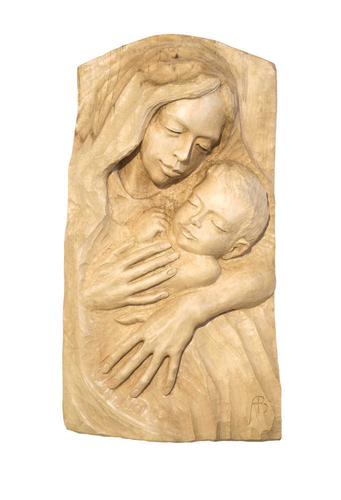 beautiful woman baby Holy Mary Jesus portrait sculpture wood