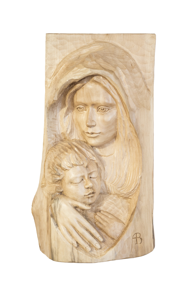 lime tree wood sculpture woman baby Holy Mary Jesus maternity art interior design