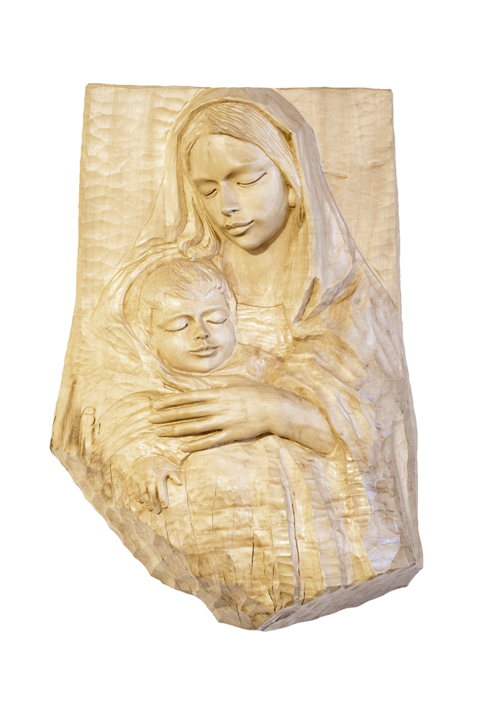 Sleeping Madonna with baby Jesus wooden sculpture