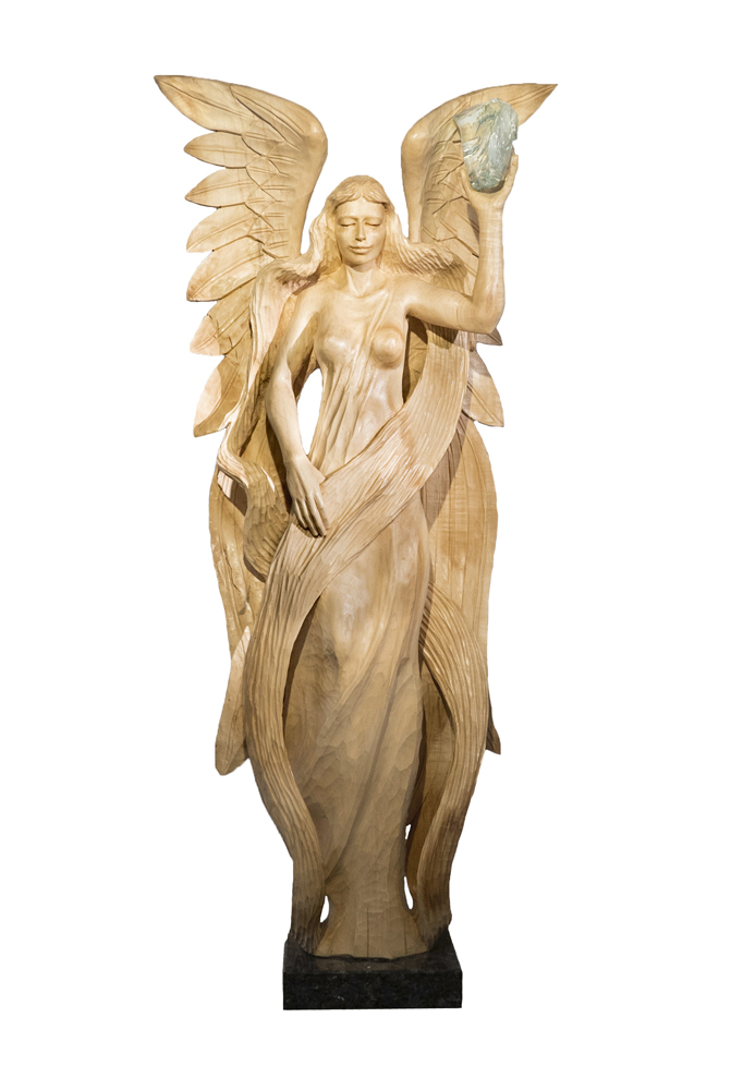 wooden sculpture angel glass pretty young woman