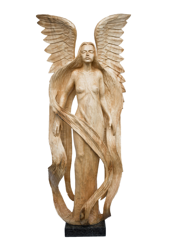 pretty naked woman angel wings closed eyes wood sculpture art