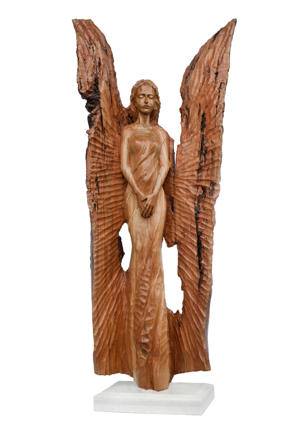 cherry tree wood sculpture orange colour woman closed eyes angel wings