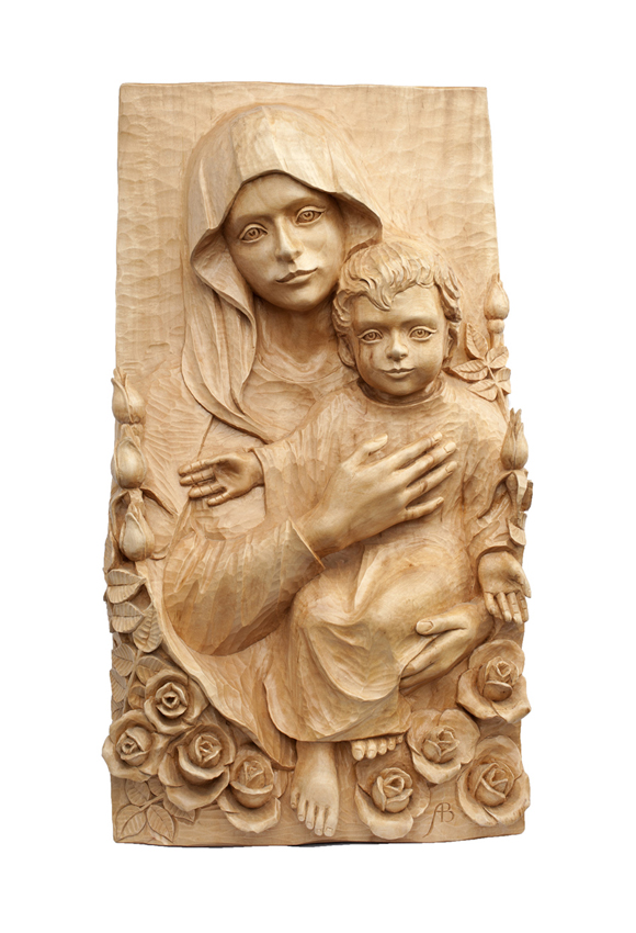 beautiful woman holy mary baby jesus flowers roses wooden sculpture art