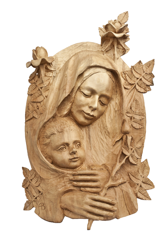 sculpture sleeping woman holy mary holding baby jesus surrounded roses flowers